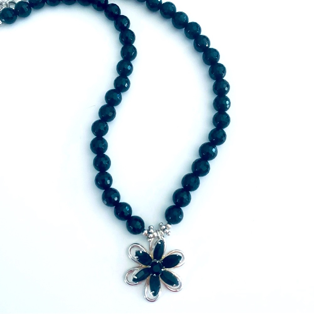 necklace in Faceted Black Onyx & a Swarovski Black Crystal Pendant - Adjustable